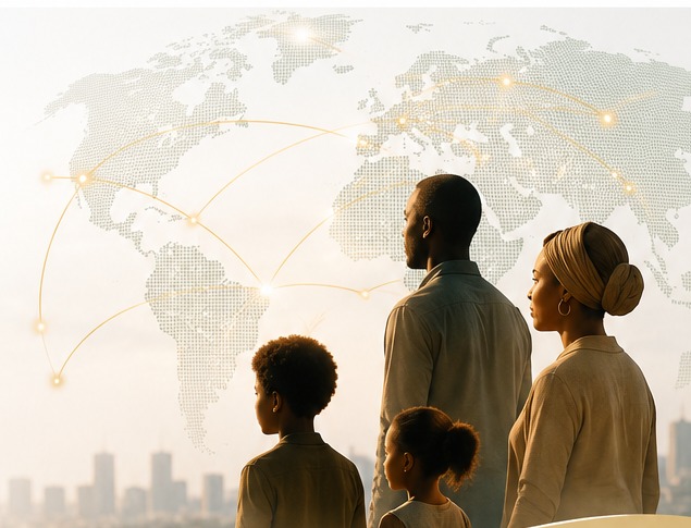 Famille multiculturelle contemplant l'horizon, avec une carte du monde reliant les continents